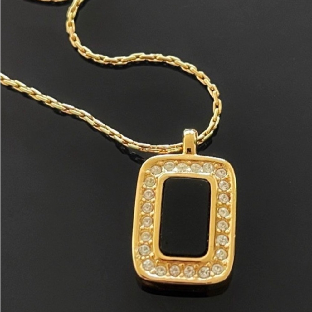 VTG Christian Dior Black Onyx Pave Goldtone Necklace w/Crystals, Signed